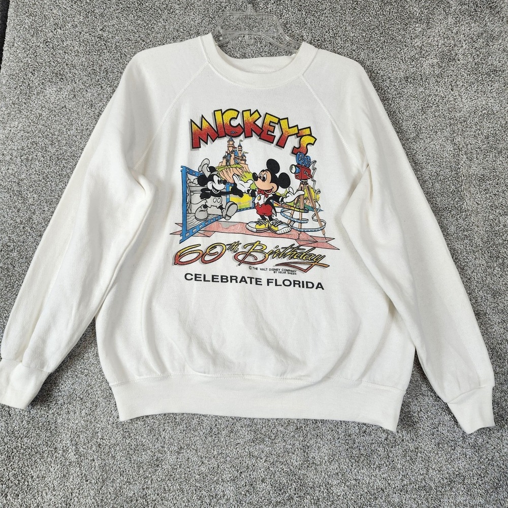Vintage Mickey Disney 60th Birthday Sweatshirt Mens XL White Velva Sheen USA 80s